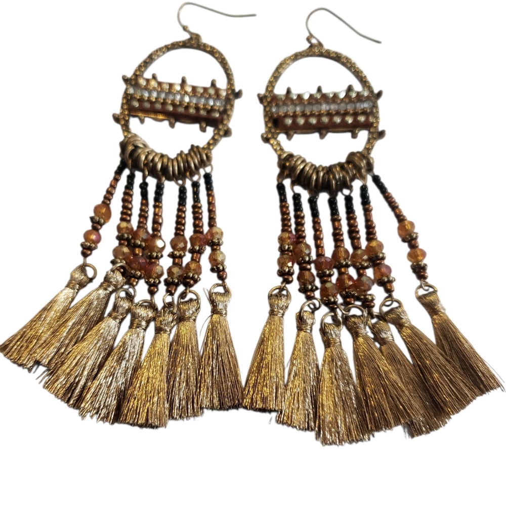 BRONZE & GOLDEN BEADED TASSEL FAUX RHINESTONE BOHO CHIC BOHEMIAN FESTIVAL EARRIN
